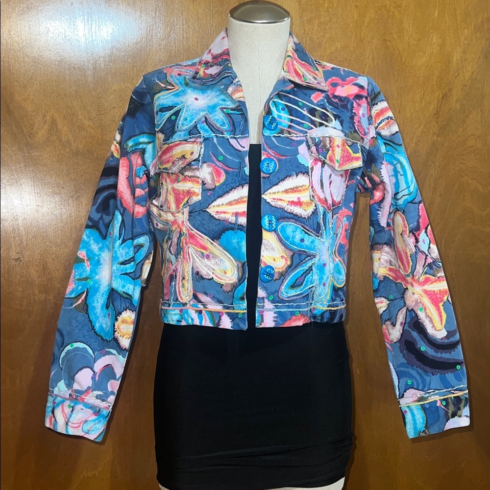 Sandy Starkman Floral Embroidered Denim Jacket - Multicolor